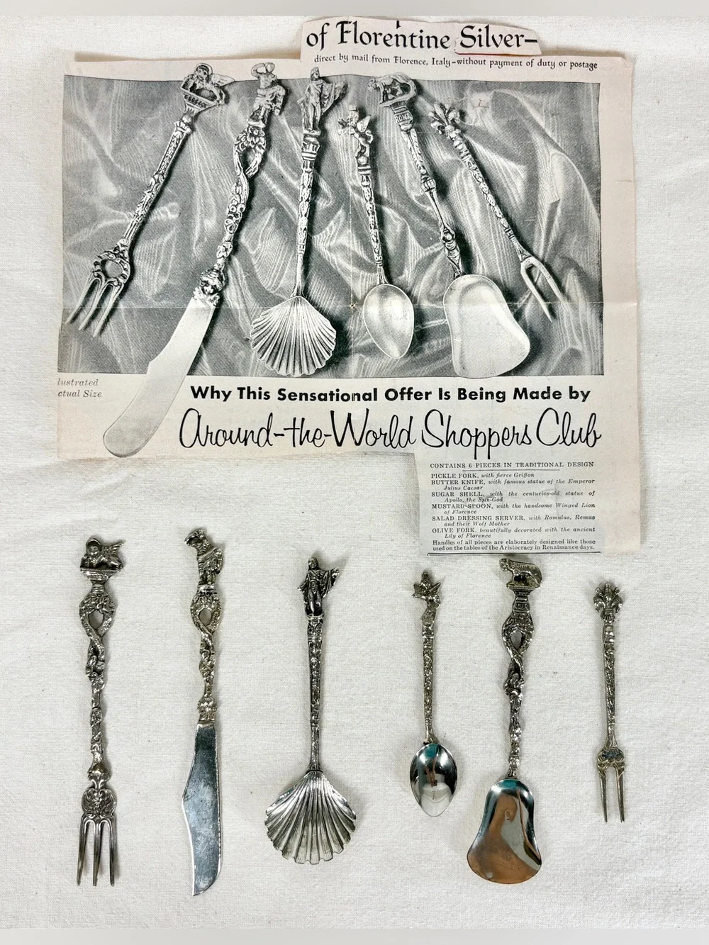 Around the World Shoppers Club Vintage Florentine Serving Set of 6 Nickel Silver